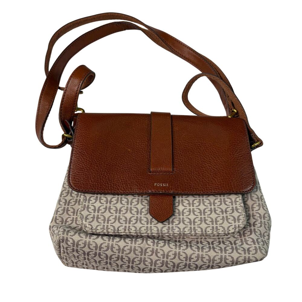 Fossil Kinley small crossbody purse. Black leather with canvas logo body.